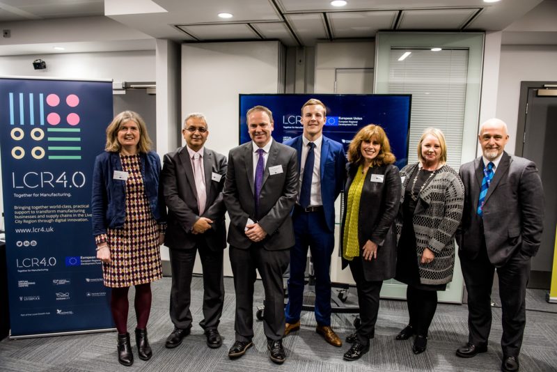 From left, Alison Kennedy (STFC Hartree Centre), Professor Ahmed Al-Shamma'a (LJMU), Simon Reid (LCR LEP), Jonathan Clarke (LCR LEP), Joanne Phoenix (Sensor City), Lynn Dwyer (VEC), Andy Levers (VEC) at the LCR 4.0 launch