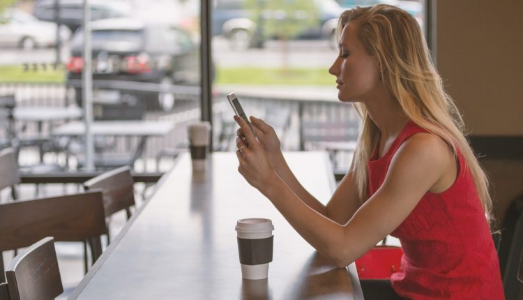 Woman, coffee, cafe, smartphone