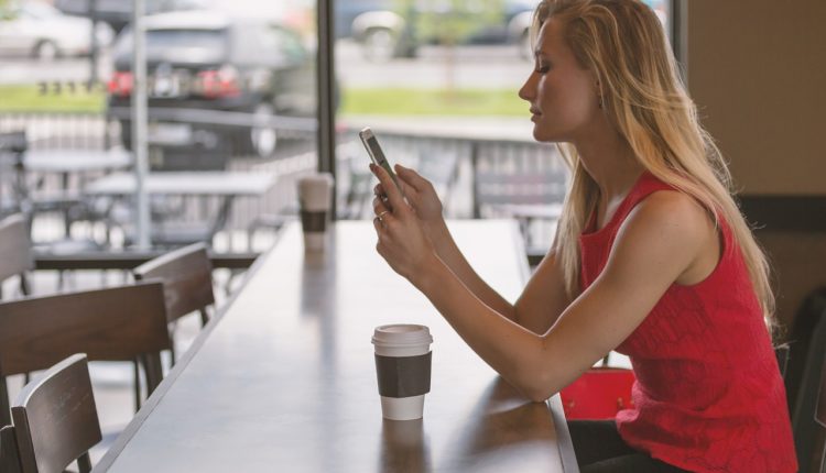 woman, coffee shop, mobile phone